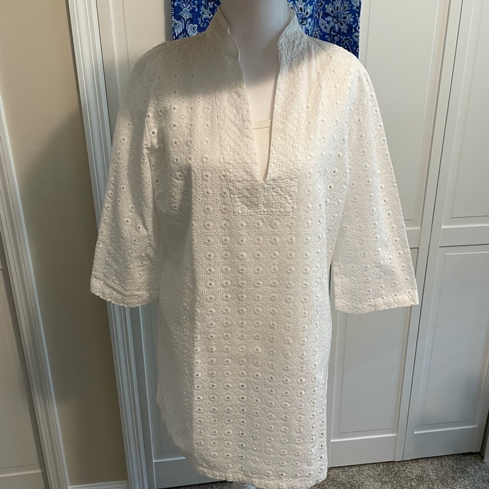 Talbots White Eyelet Swim Coverup with Mandarin Collar